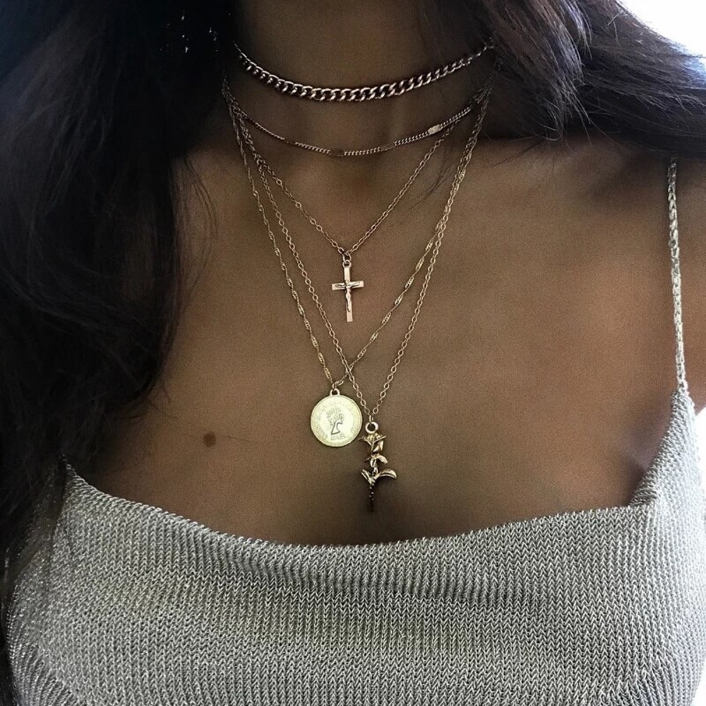 🎉 New Layered Cross & Rose Gold Plated Necklace